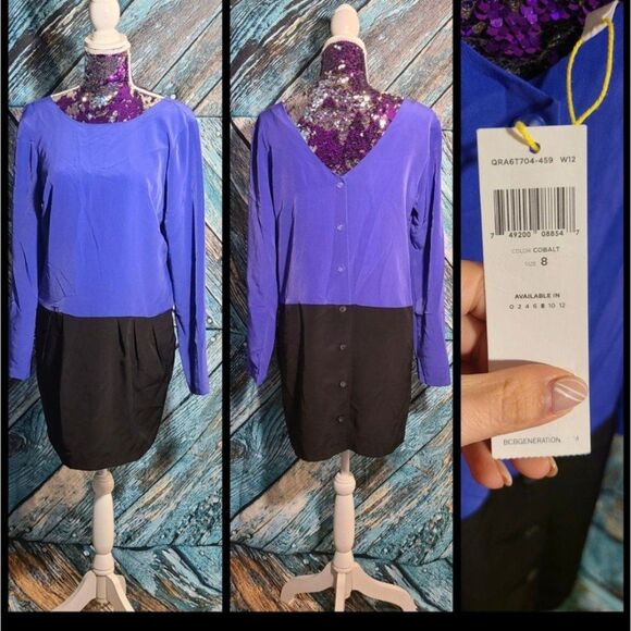BCBGeneration Size 8 Cobalt Blue & Black Color Block Long Sleeve Mini Dress NWT - Picture 1 of 2